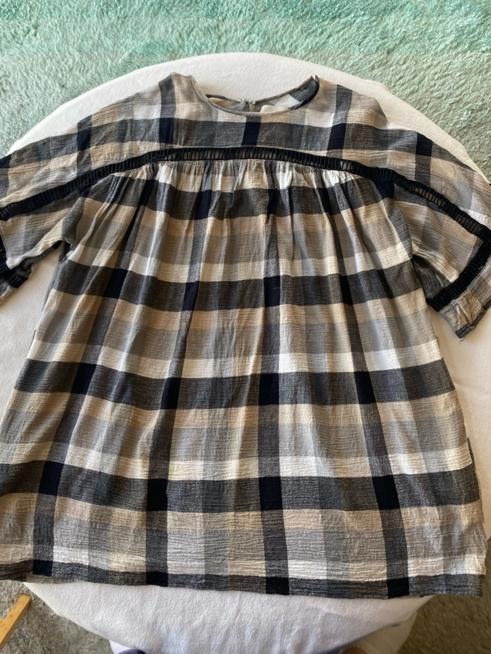 Maeve Black & Cream Plaid Peasant Blouse